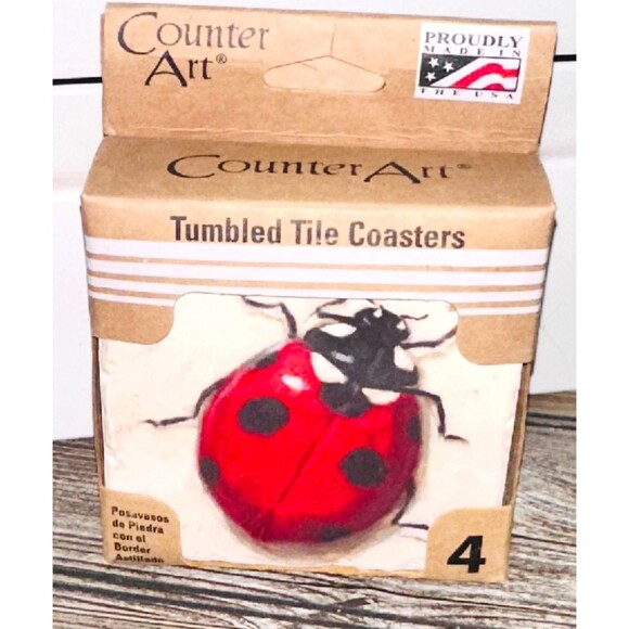 Ladybug Tile Coasters New Counter Art 4 Pc Tumbled Lady Bug - Picture 1 of 1